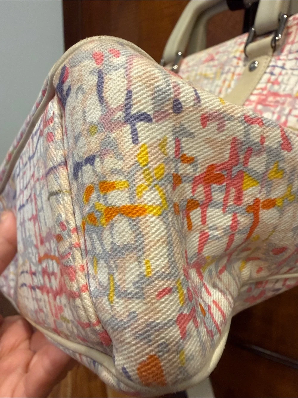 CHANEL Multicolor Printed Canvas Tote with Cream Leather Trim and Strap